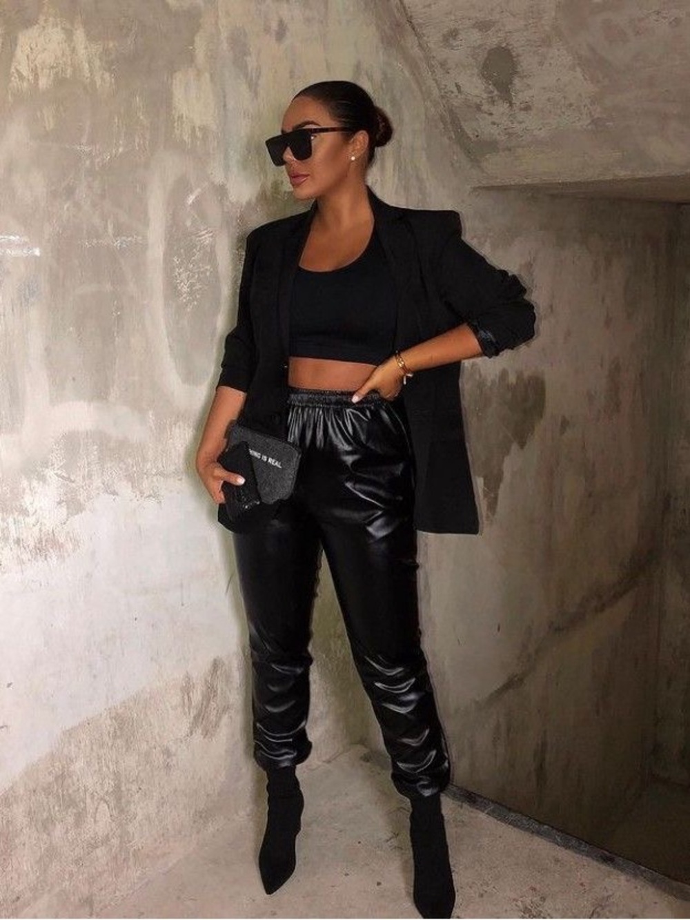 Zara Faux Leather Black No Zip/tie Pull-up Joggers With Side Pockets In Size XS